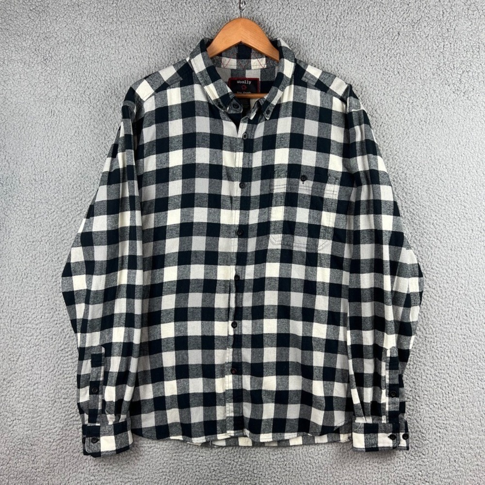 Woolly Dry Goods Shirt Mens XXL Cream Navy Blue‎ Check Cotton Wool Blend Flannel